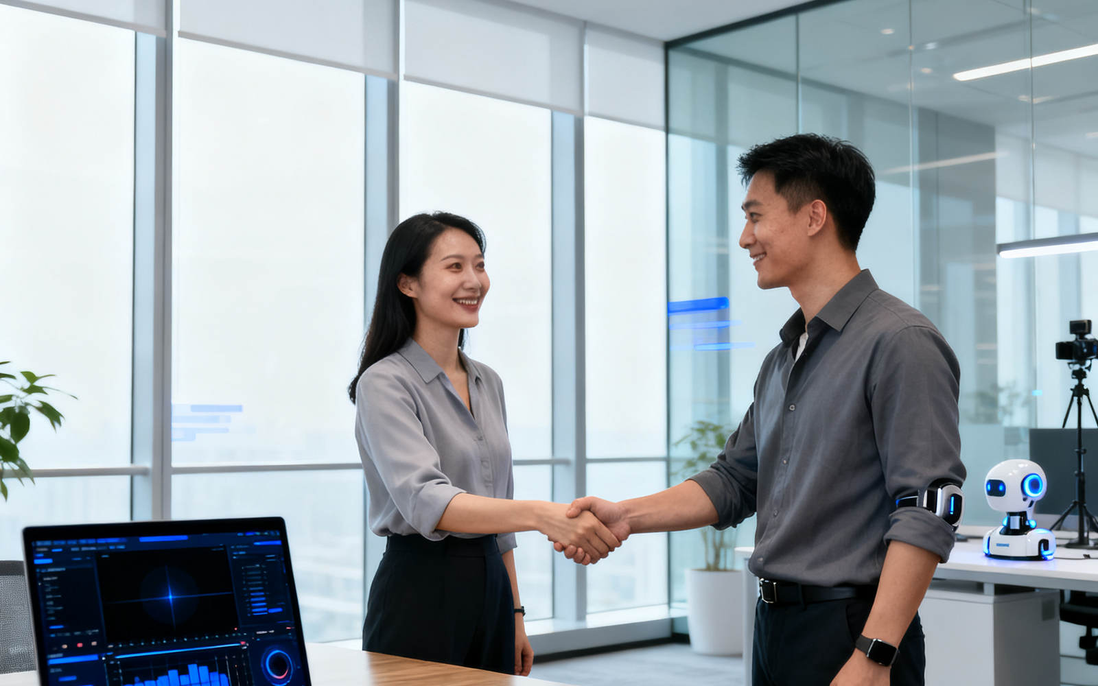 云起慧播团队与合作伙伴在办公室握手交流